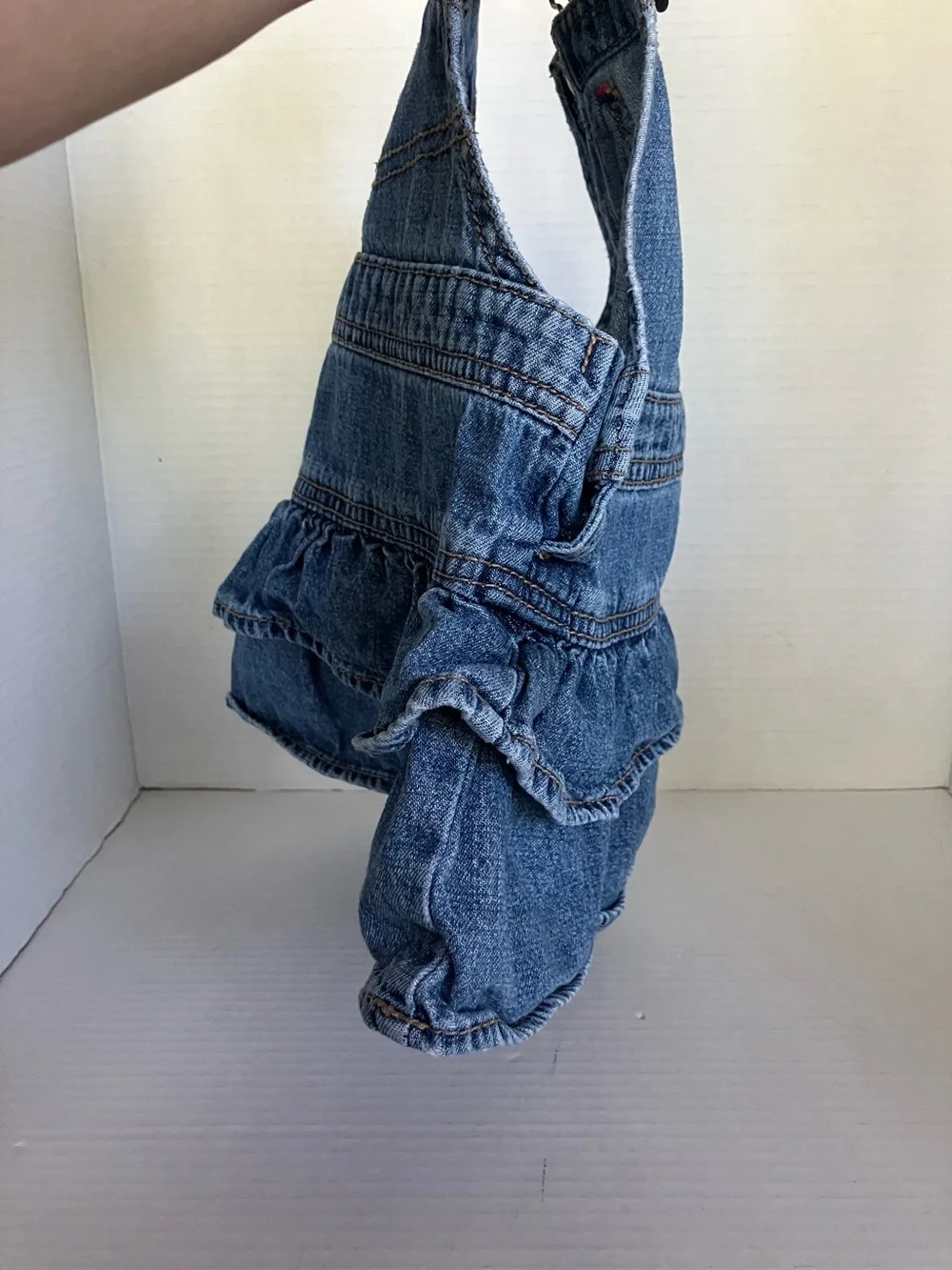 OshKosh Girl Blue Denim Ruffle Overall Jumper Dress Heart Pocket 18 mo Adjust